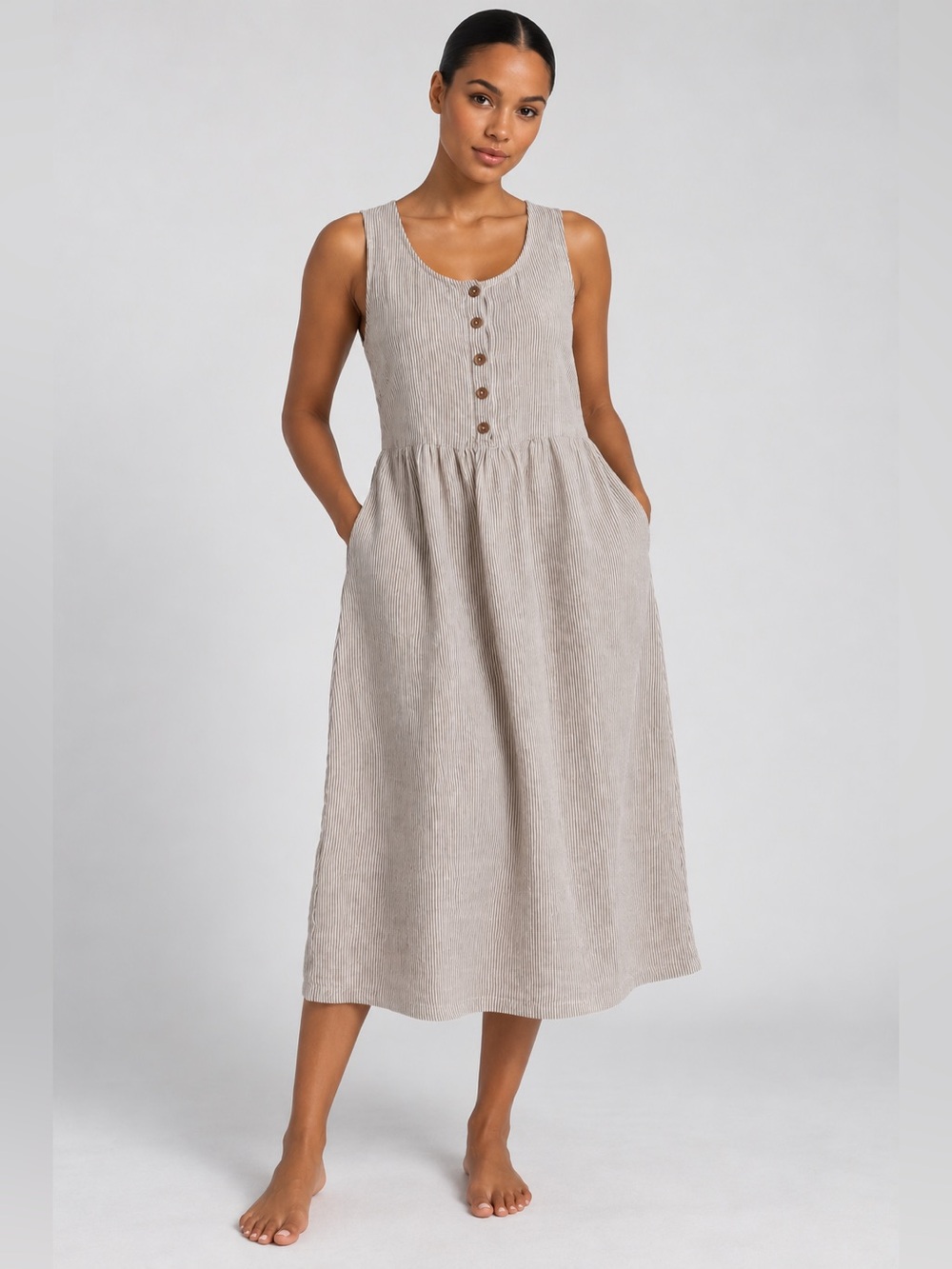 Pyne & Smith 100% Linen Sleeveless Button-Front Midi Dress in Light Taupe Stripe
